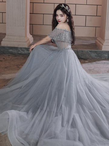 Beautiful Beaded Off Shoulder Tulle Prom Dress, A-line Grey Evening Dress Party Dress HZ1023